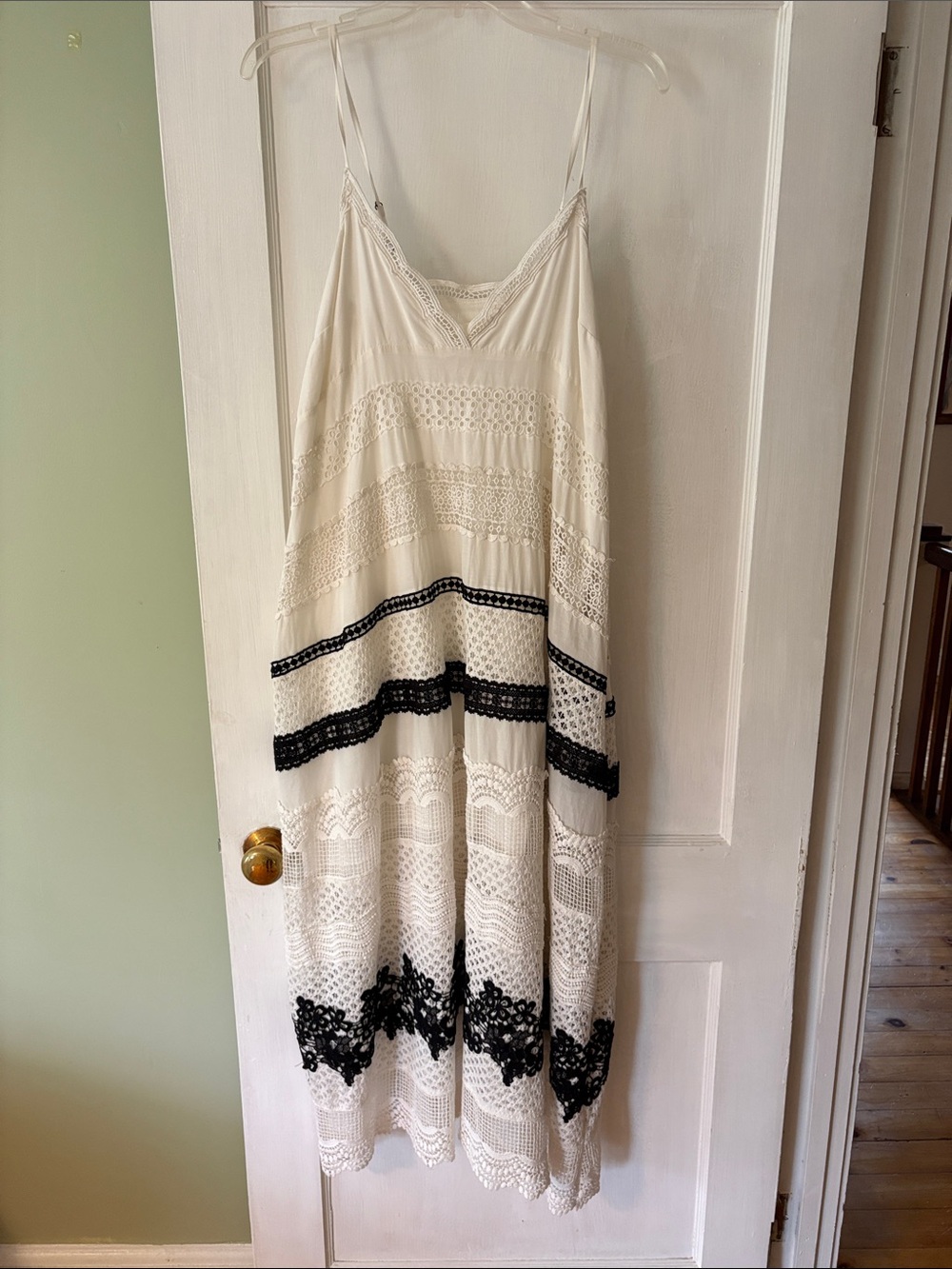 Anthropologie Ivory Lace Crochet Maxi Dress with Black Lace Trim
